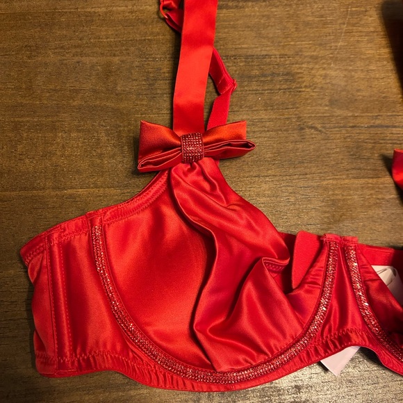 Victoria’s Secret Dream Angels Wicked Twinkle Bows Red Satin Open-Cup Bra Large - Picture 3 of 7